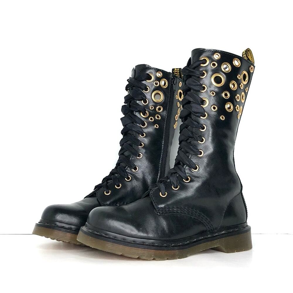 Dr. Martens Black Combat Boots with Gold Accents